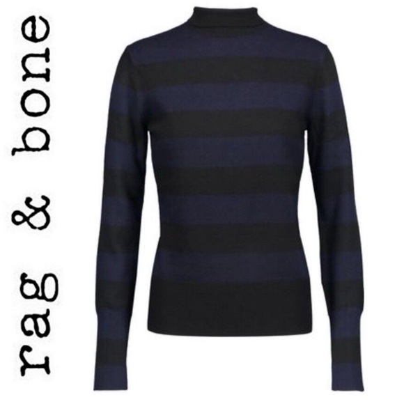 Rag & Bone Navy Black Striped Cashmere Wool Blend Mock Neck Turtleneck Sweater S - Picture 2 of 15